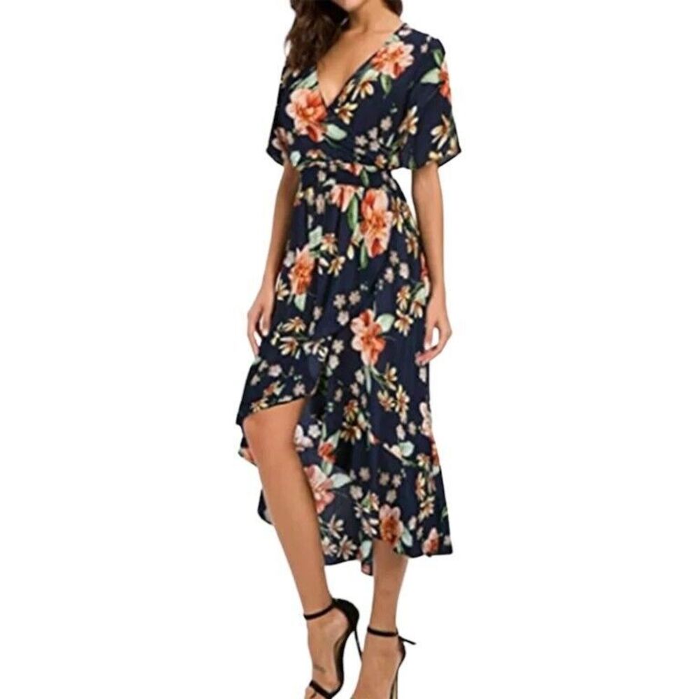 Anthropologie‎ Aakaa Wrap Maxi Dress Size S Blue Floral Tropical Boho V-neck